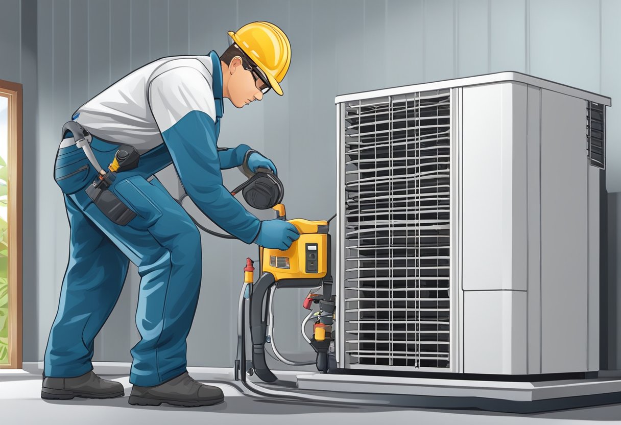 A technician inspecting and cleaning an air conditioning unit with various tools and equipment, ensuring proper maintenance and check-ups