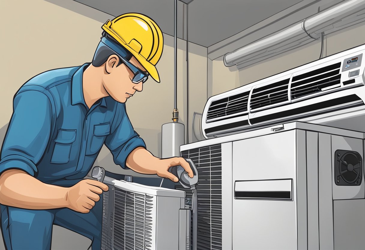 A technician conducting a thorough inspection of an air conditioning unit, checking for any signs of wear and tear, cleaning the filters, and ensuring all components are functioning at maximum efficiency