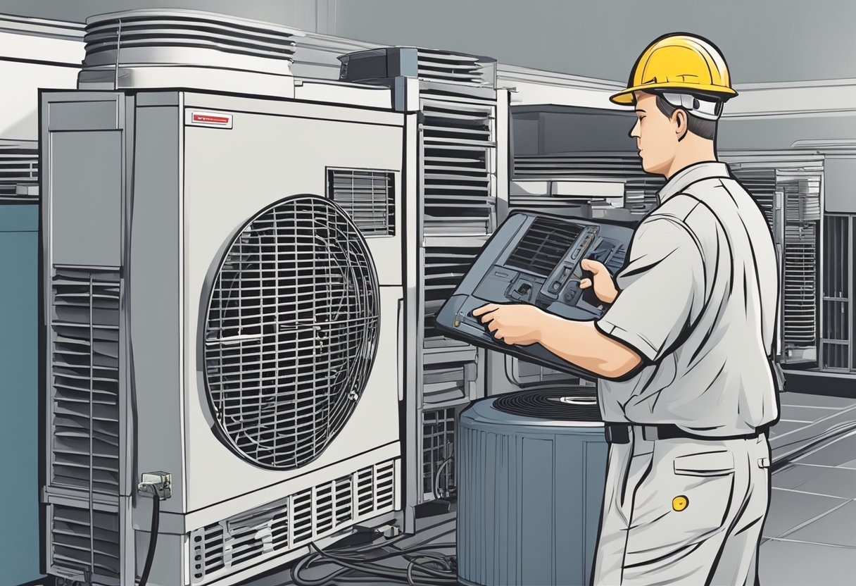 A technician conducting a thorough inspection of an air conditioning unit, checking for any signs of wear or damage to ensure optimal performance and safety