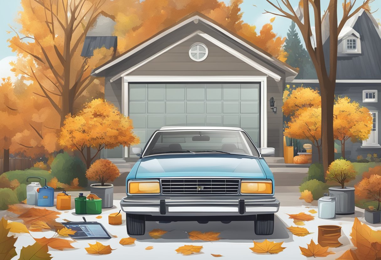 A car parked in a driveway with a checklist of maintenance tasks next to it, such as oil change, tire rotation, and fluid checks. It is surrounded by seasonal elements like falling leaves or snow