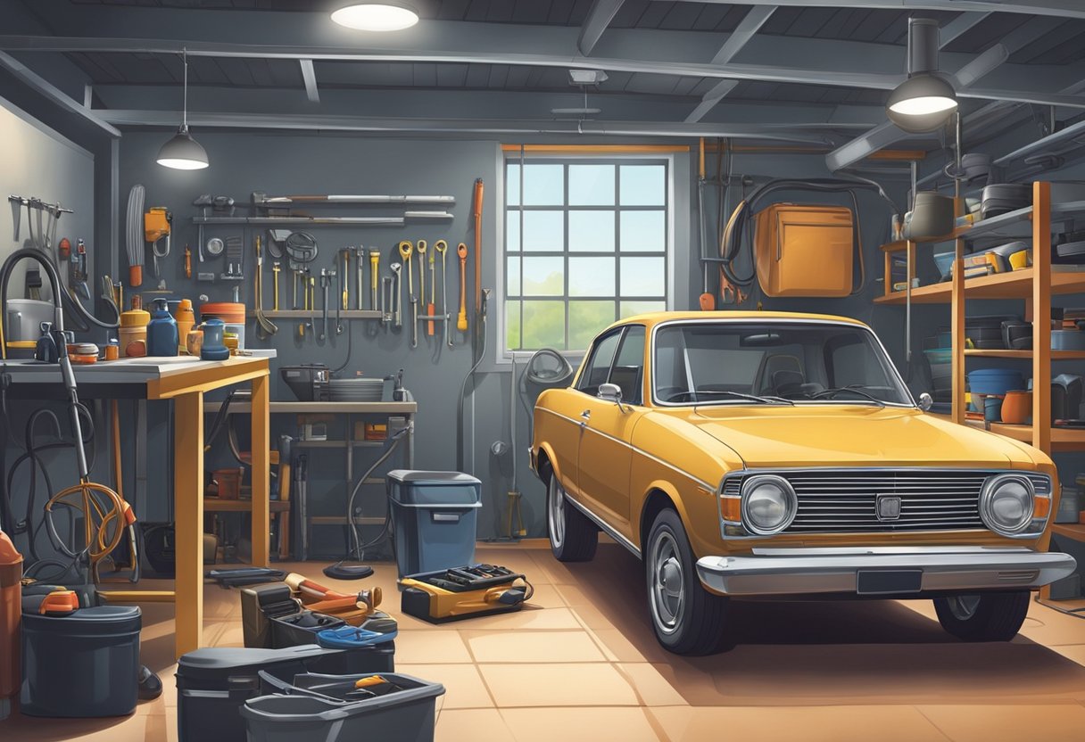 A car parked in a clean, well-lit garage with a mechanic's toolkit nearby. The hood is open, revealing a well-maintained engine with all parts in good condition