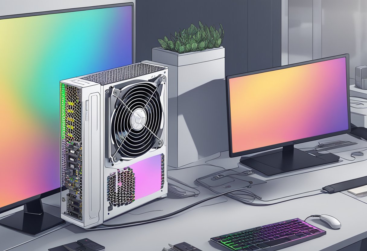 A reference card GPU sits on a clean, well-lit desk with cables neatly organized. The GPU is sleek and modern, with visible cooling fans and ports