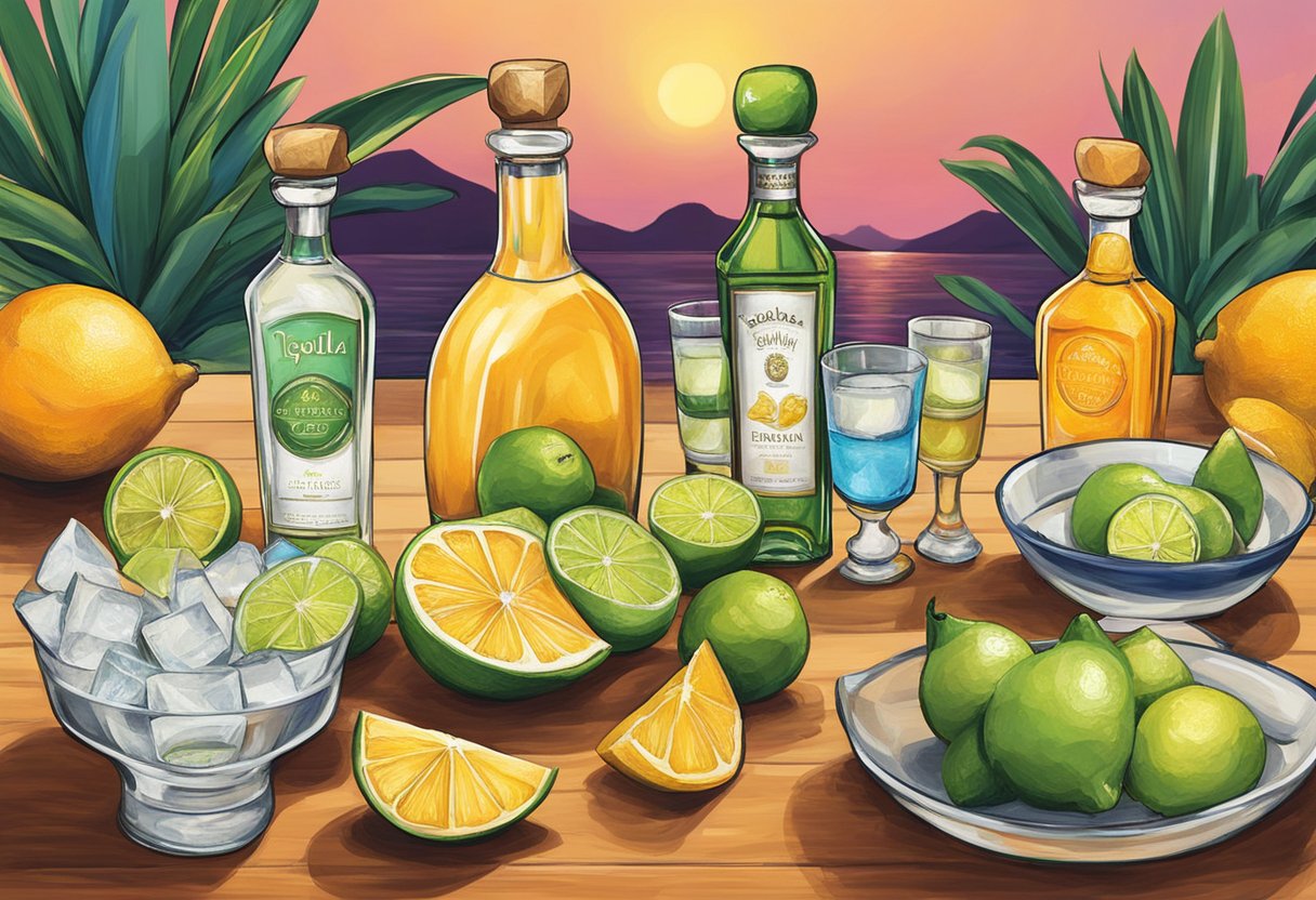 A table set with various tequila bottles, glasses, and citrus slices for a tequila tasting experience in Puerto Vallarta