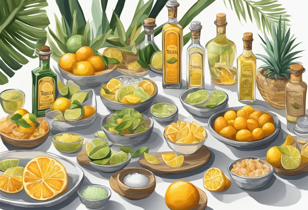A table displays various tequila bottles with accompanying citrus fruits and salt. Tasting glasses and a selection of appetizers are arranged nearby