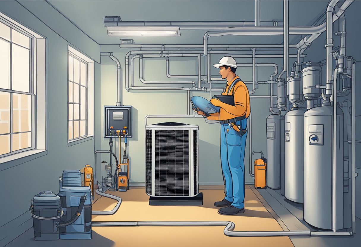 An HVAC technician inspects airflow and filters in a clean, well-lit room with tools and equipment nearby