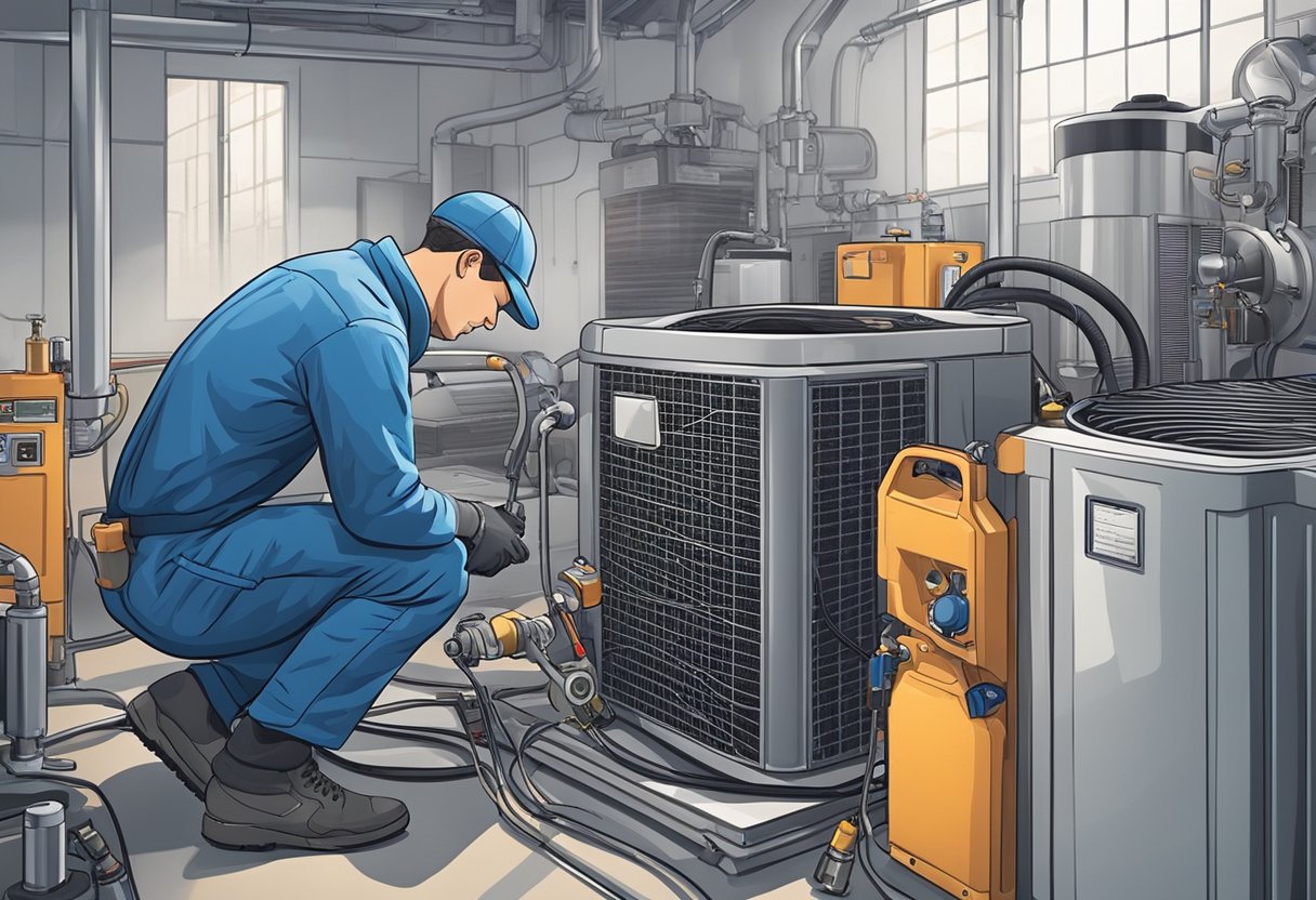 A mechanic inspects the compressor, condenser, and evaporator in a car's air conditioning system. Tools and diagnostic equipment are scattered around the work area