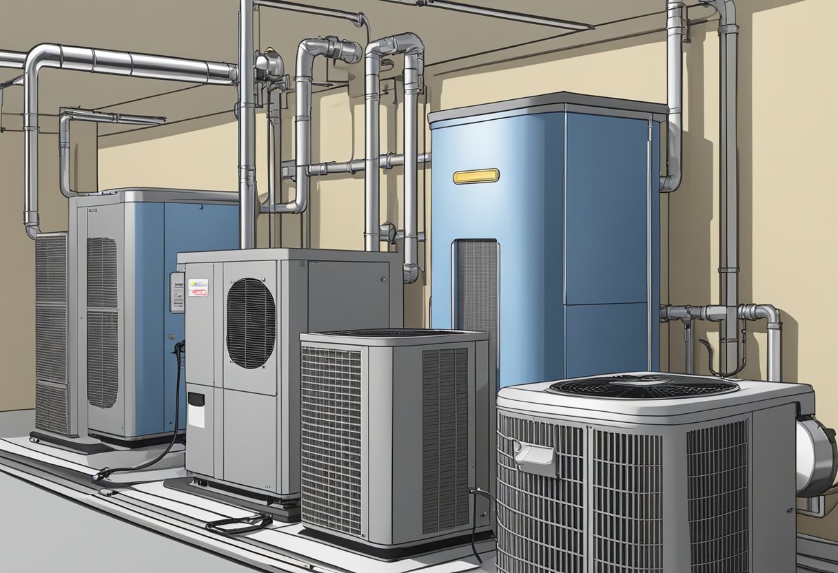 An air conditioning unit is being inspected, with a focus on key components such as filters, coils, and refrigerant levels. Tools and testing equipment are used to ensure everything is in proper working order