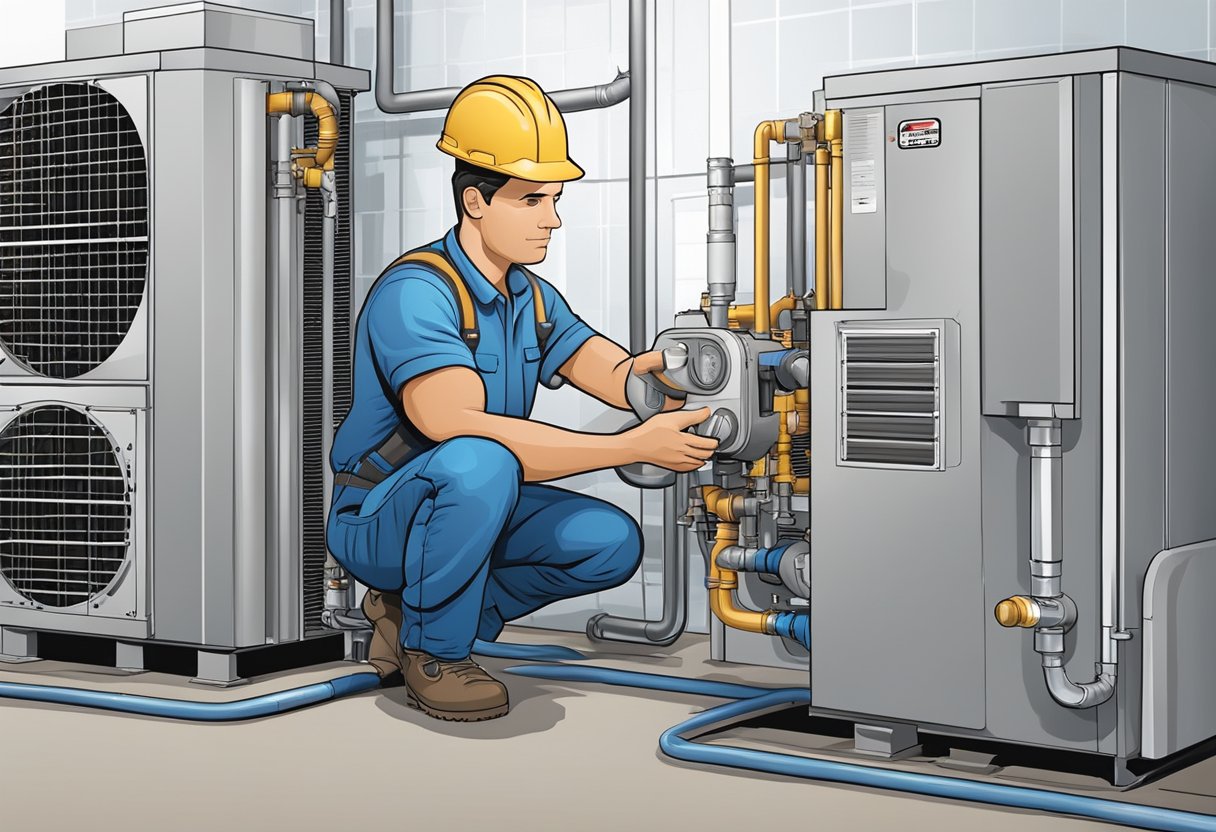 An HVAC technician inspects the drainage and external unit components during an air conditioning check-up