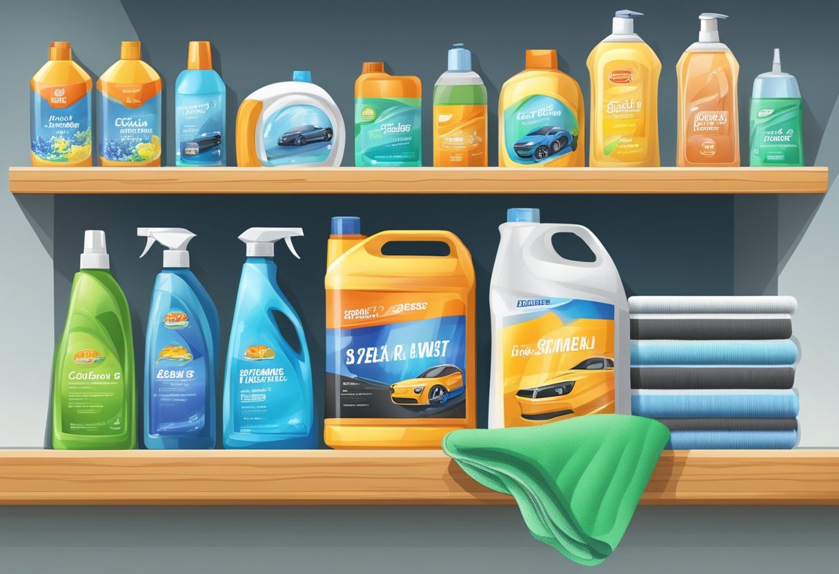 A variety of car care products neatly arranged on a shelf, including car wash soap, wax, microfiber towels, tire cleaner, and glass cleaner