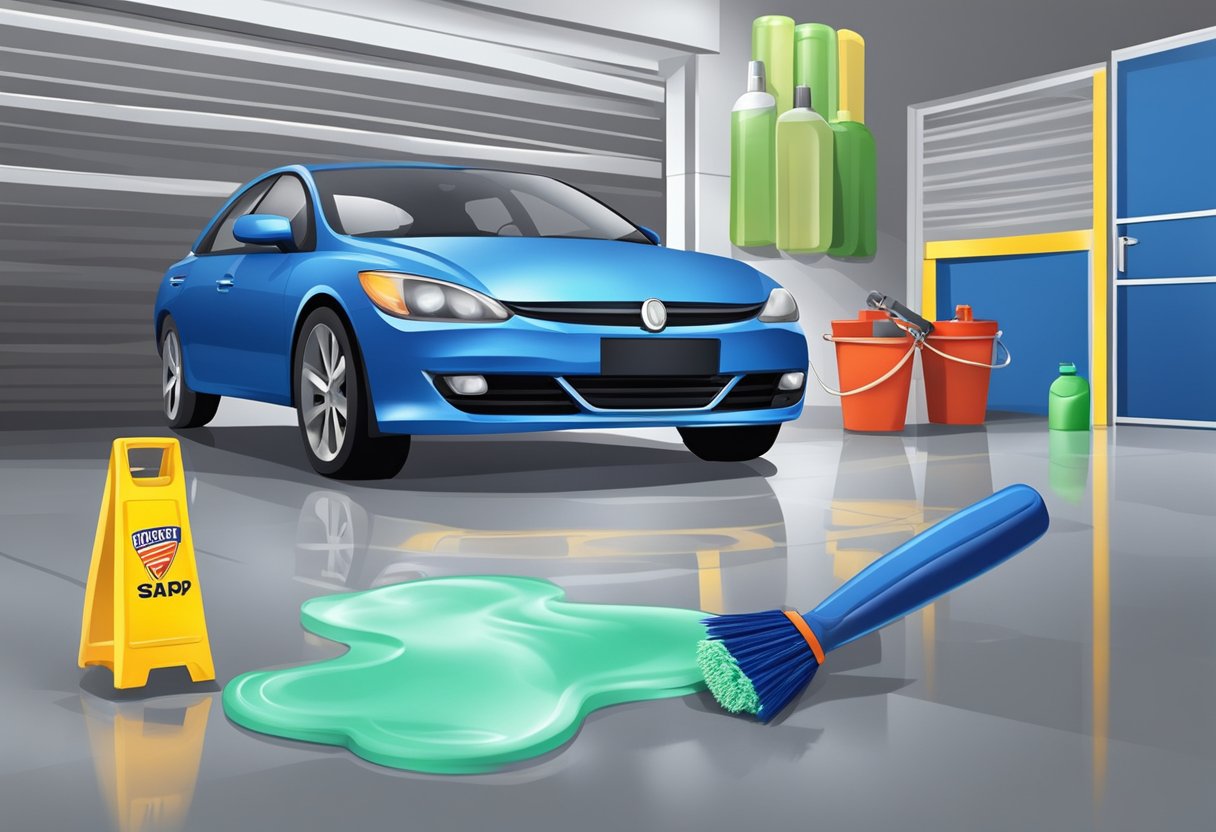 A bottle of car wash soap, a bucket, a microfiber wash mitt, a wheel brush, and a bottle of tire shine spray on a clean garage floor