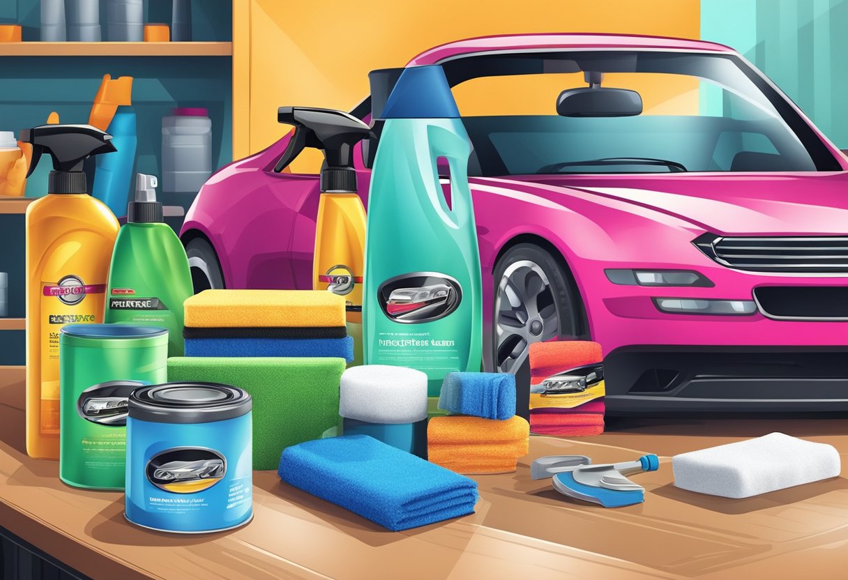 A table with various car care products: wax, polish, microfiber cloths, tire cleaner, and interior detailing spray. Shiny car in the background