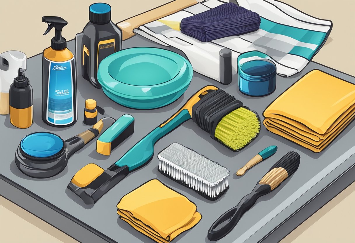 A collection of car care products including wax, polish, microfiber towels, and detailing brushes arranged neatly on a clean work surface