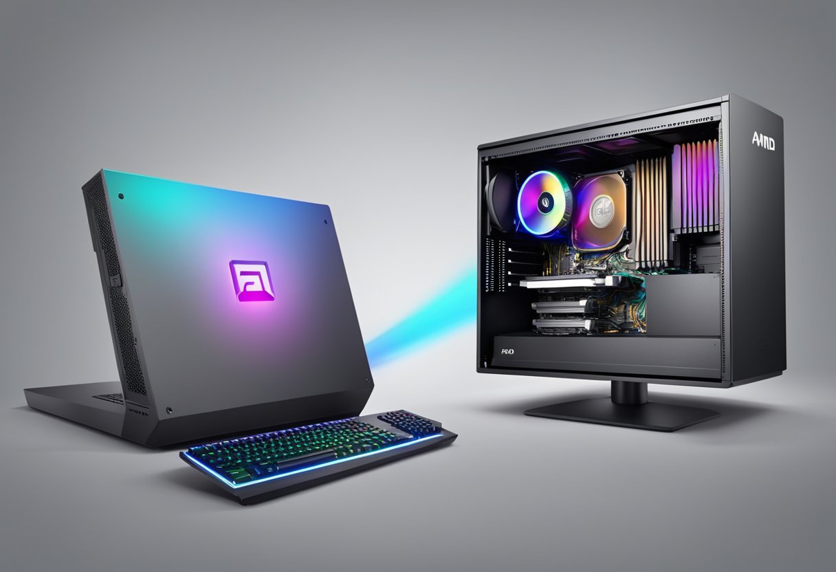 A computer with an AMD processor faces off against a computer with a Core i9 processor, symbolizing the comparison between the two processor families