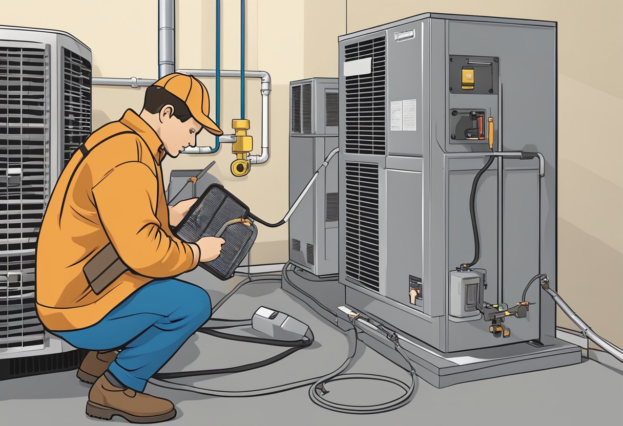 An HVAC technician performs routine maintenance on an air conditioning unit, checking filters, coils, and refrigerant levels. The technician uses specialized tools and equipment to ensure the system is running efficiently