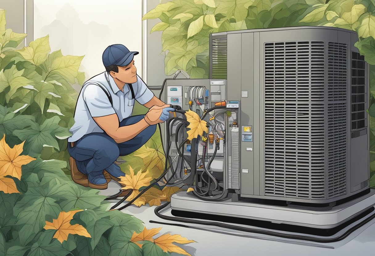 A technician performing a routine AC check-up on a unit surrounded by seasonal elements like leaves, snow, or flowers