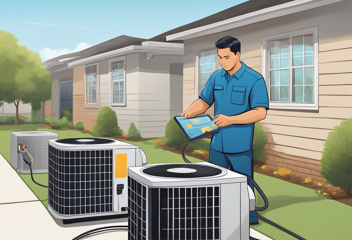 An air conditioning technician conducting routine check-ups on various units in a residential neighborhood. They are inspecting filters, cleaning coils, and testing thermostat functionality