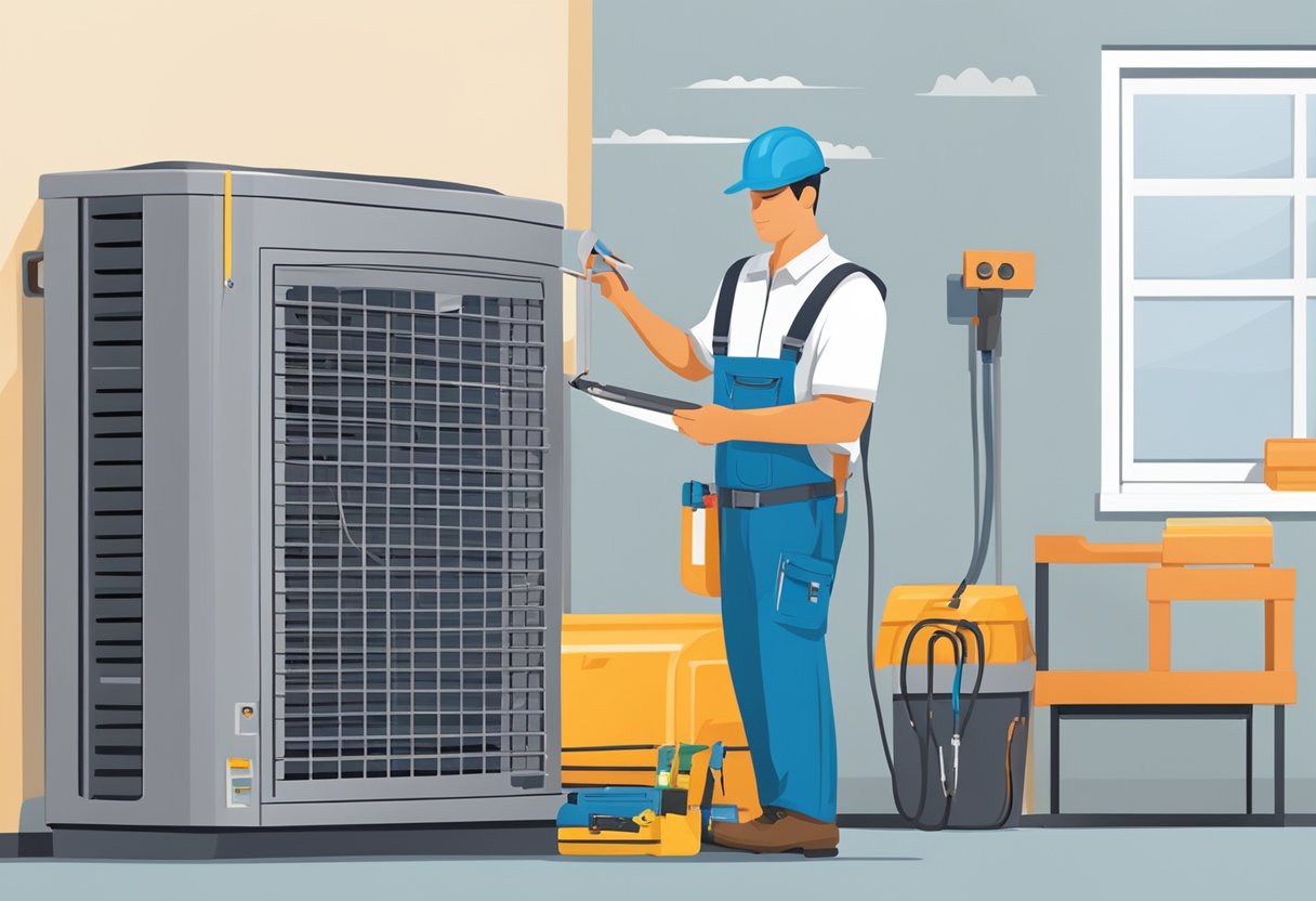 An air conditioning unit being inspected by a technician with tools and equipment, while a checklist of maintenance tasks is being reviewed