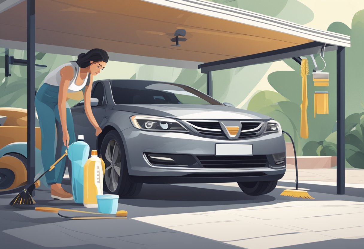 A shiny new car parked under a carport, surrounded by cleaning products and tools. A person is seen carefully washing and waxing the car's exterior