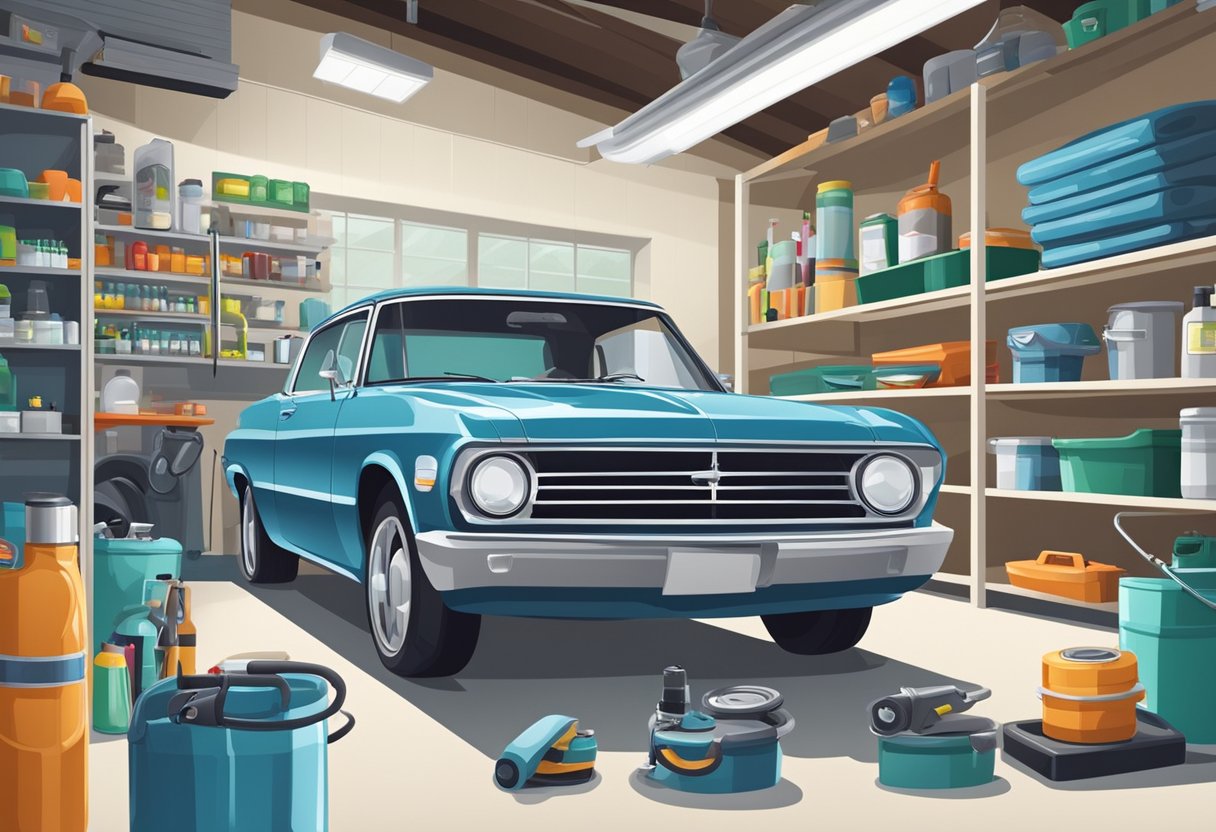 A shiny, well-maintained car sits in a clean, organized garage. Car care products and tools are neatly arranged on shelves. A checklist of maintenance tasks is displayed on the wall