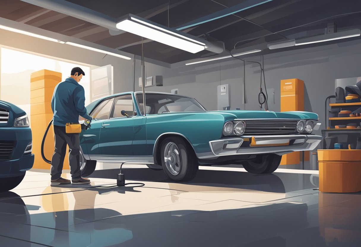 A car parked in a clean, well-lit garage. A person is seen applying wax and polish to the exterior, while another is changing the oil and checking the tire pressure