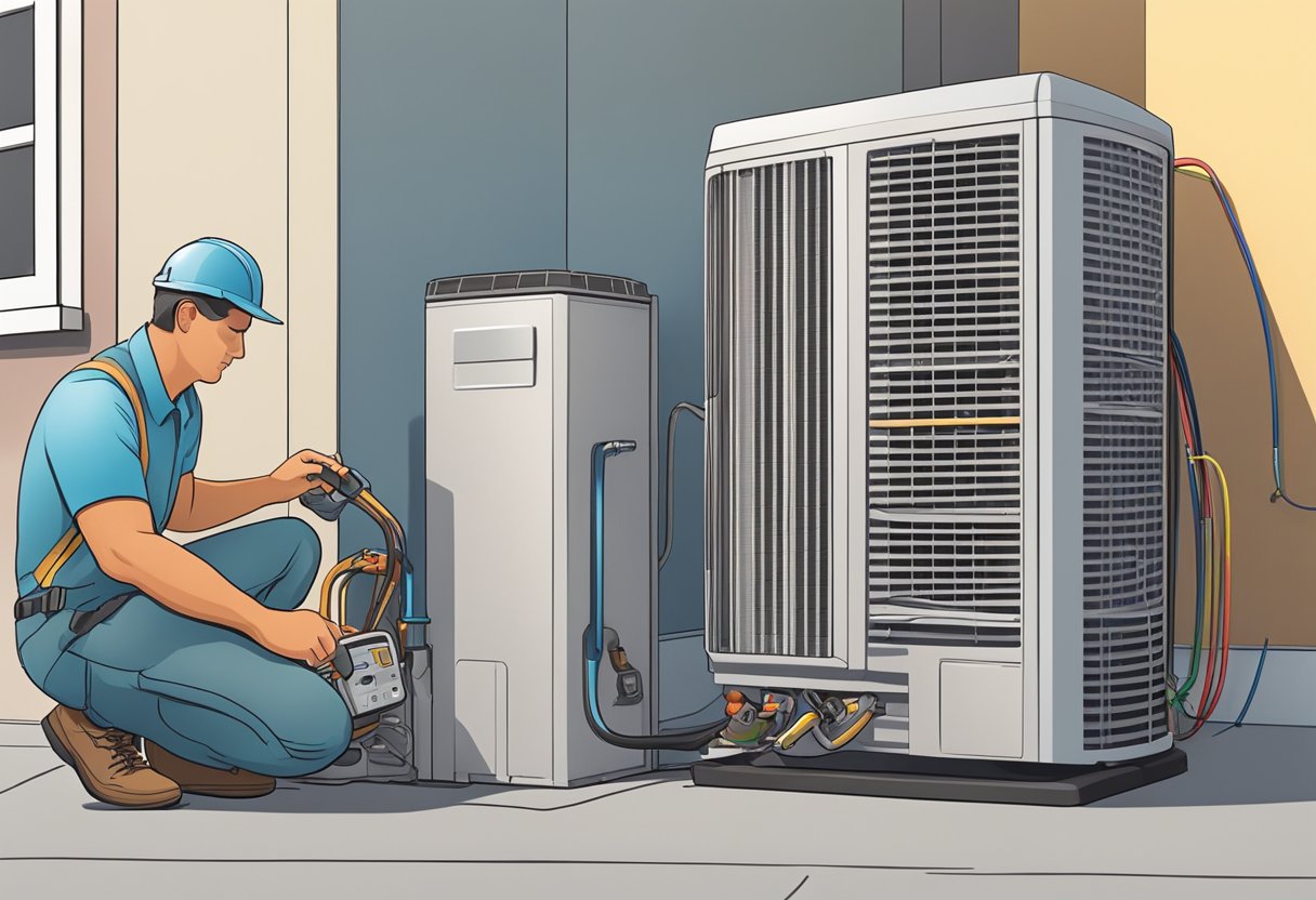 An air conditioning technician conducts a routine check-up on a unit, adjusting settings to optimize performance for seasonal demands