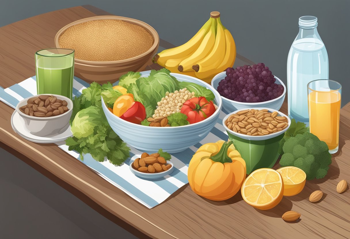 Une table avec une variété d’aliments sains, notamment des fruits, des légumes, des grains entiers et des noix. Un verre d'eau et une bouteille de vitamines sont également présents