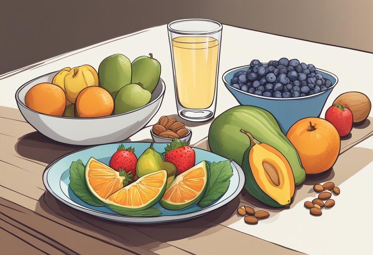 An elderly person's table with a variety of colorful fruits, vegetables, whole grains, and lean proteins. A glass of water and a small plate with nuts and seeds are also present