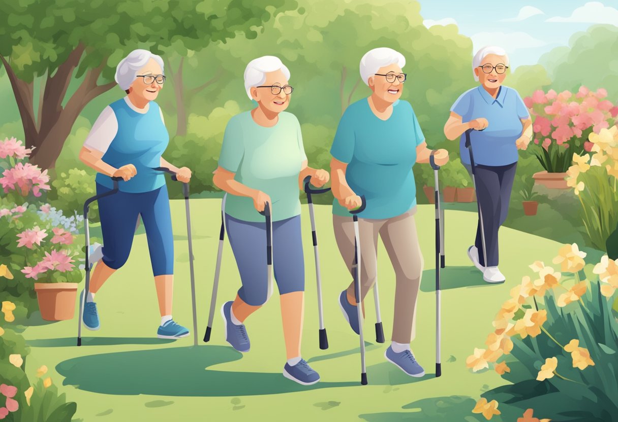 Elderly individuals engaging in physical activities like walking, stretching, and gardening. A group of seniors participating in exercise classes and outdoor activities