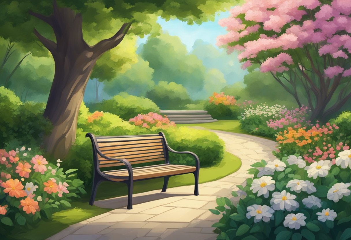 A serene garden with a winding path, surrounded by blooming flowers and lush greenery. A bench sits under a shady tree, inviting relaxation and contemplation