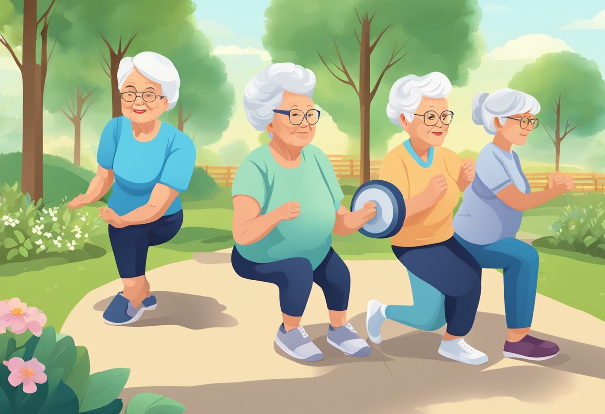 Elderly group exercising outdoors, practicing healthy habits. A nurse educates them on preventive care