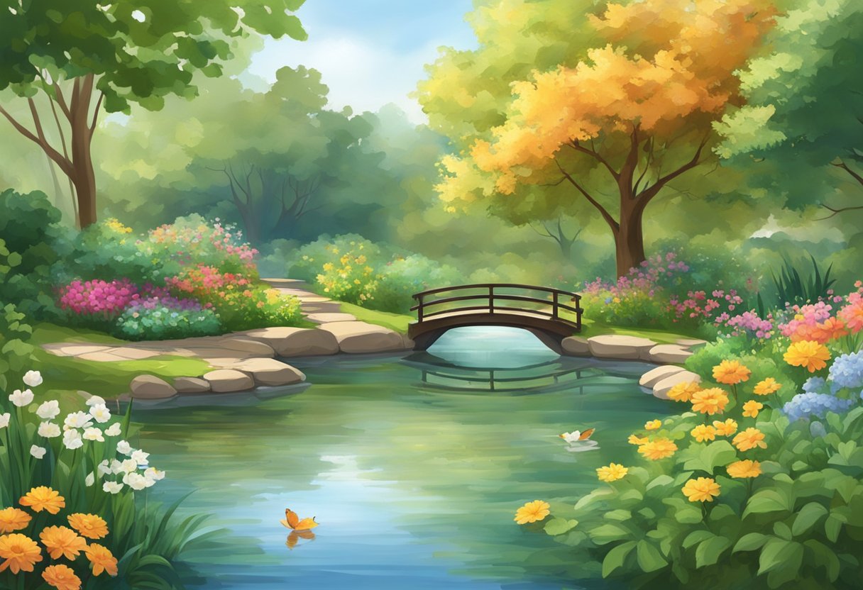 A serene garden with a peaceful pond surrounded by lush greenery and colorful flowers. A gentle breeze rustles the leaves, creating a calming atmosphere for relaxation and stress management