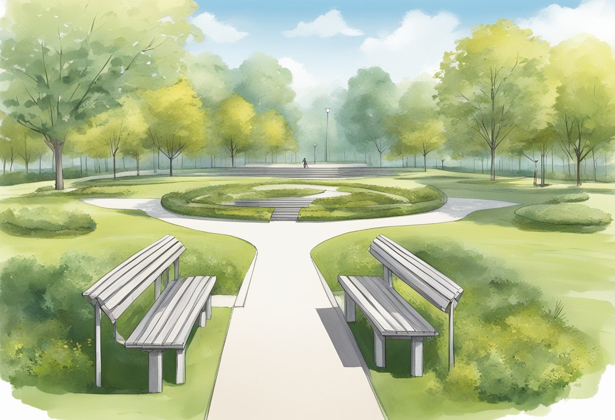 A serene park with clear pathways, benches, and gentle slopes. A signpost displaying "Safety and Fall Prevention 10 Healthy Habits for Seniors Over 70" stands prominently near the entrance