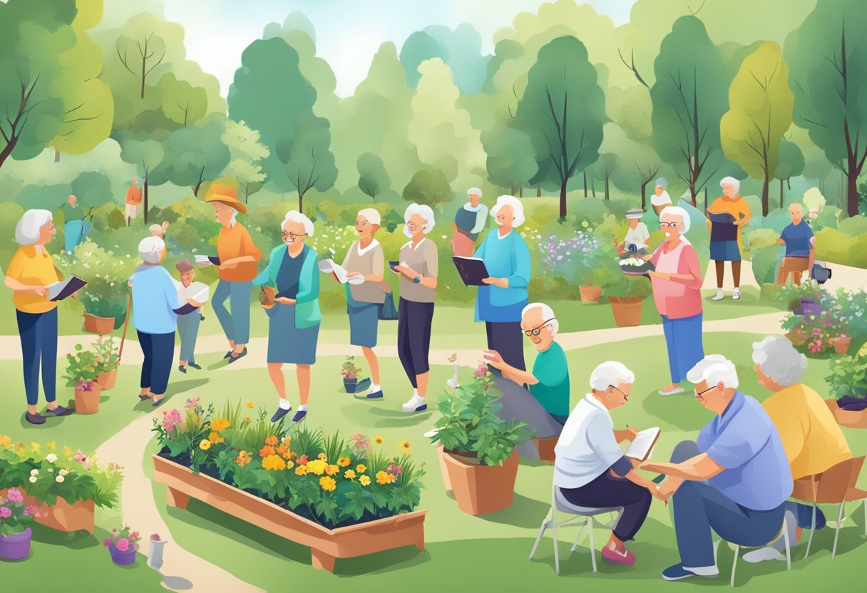 A group of 70+ seniors engaging in healthy hobbies like gardening, walking, and reading, surrounded by nature and leisure activities