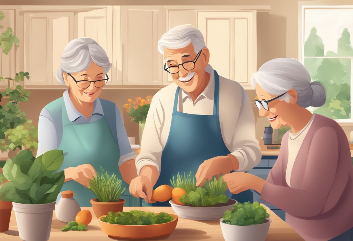 Elderly family members bonding over a shared activity, such as gardening or cooking, in a cozy and warm setting