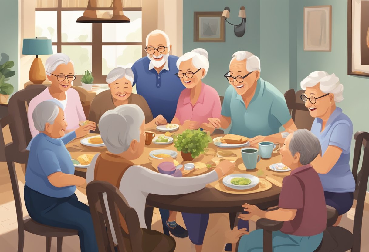 Elderly family members gathering around a table, sharing stories and laughter, symbolizing the strengthening of family bonds in later life