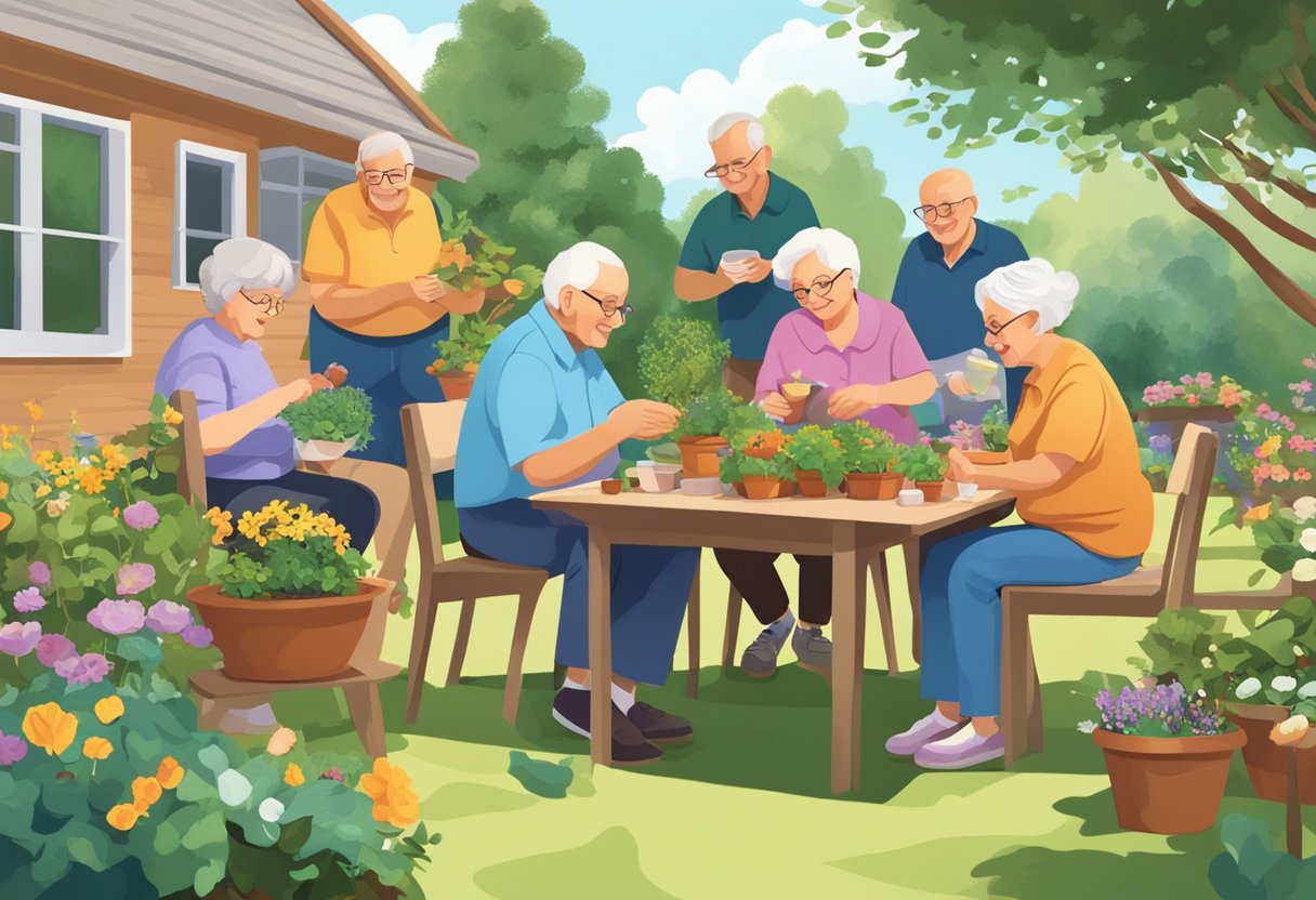 Un groupe de personnes âgées participe ensemble à diverses activités, comme le jardinage, jouer à des jeux de société et partager des repas, renforçant ainsi leurs liens familiaux.