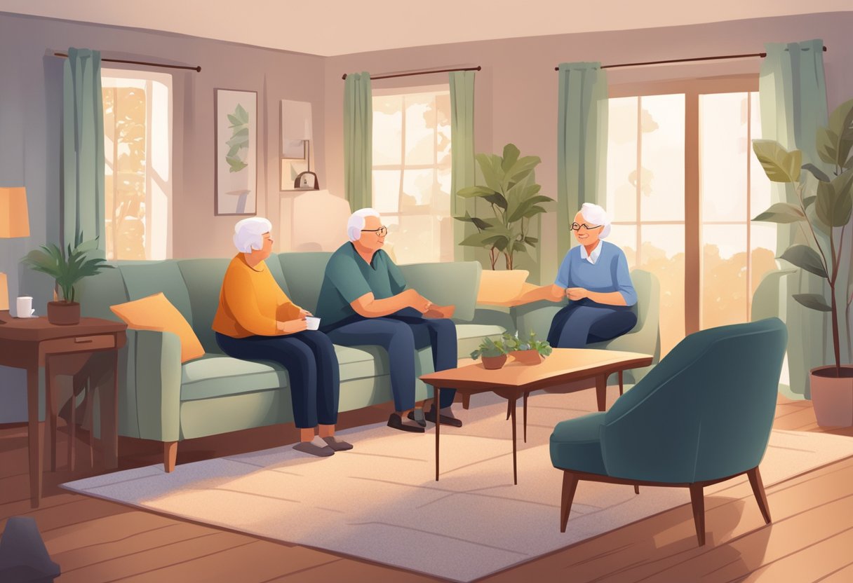 Elderly family members resolving conflict, strengthening bonds, through conversation and embrace in a cozy living room