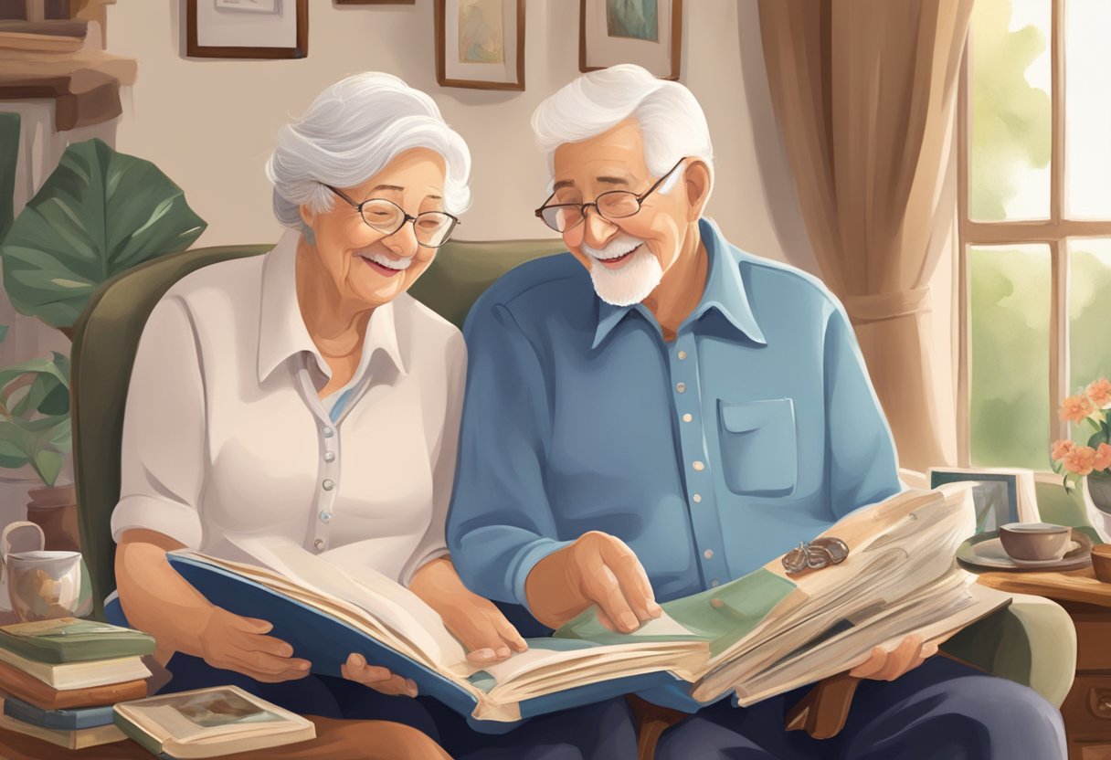 An elderly couple sits together, surrounded by family heirlooms and photo albums. They share stories and laughter, strengthening their family bonds