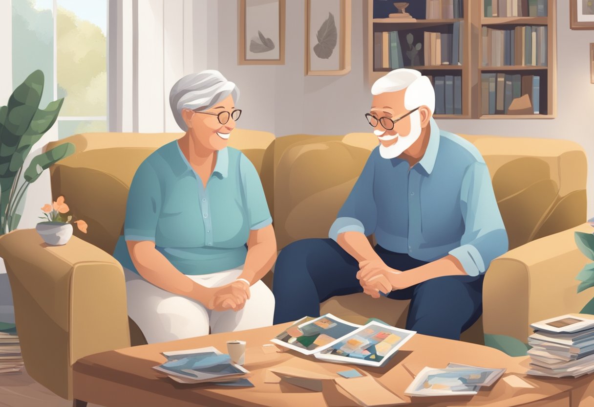 Elderly couple sitting together, surrounded by family photos and mementos. Smiling and holding hands, showing connection and strength in changing family dynamics