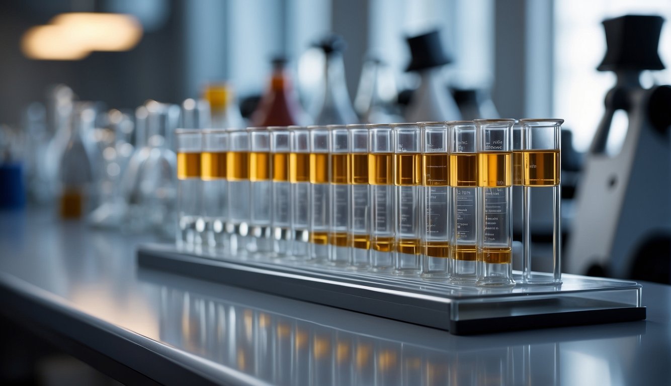 A laboratory setting with beakers and test tubes, showcasing the chemical structure of di-indolemethane and its potential health benefits