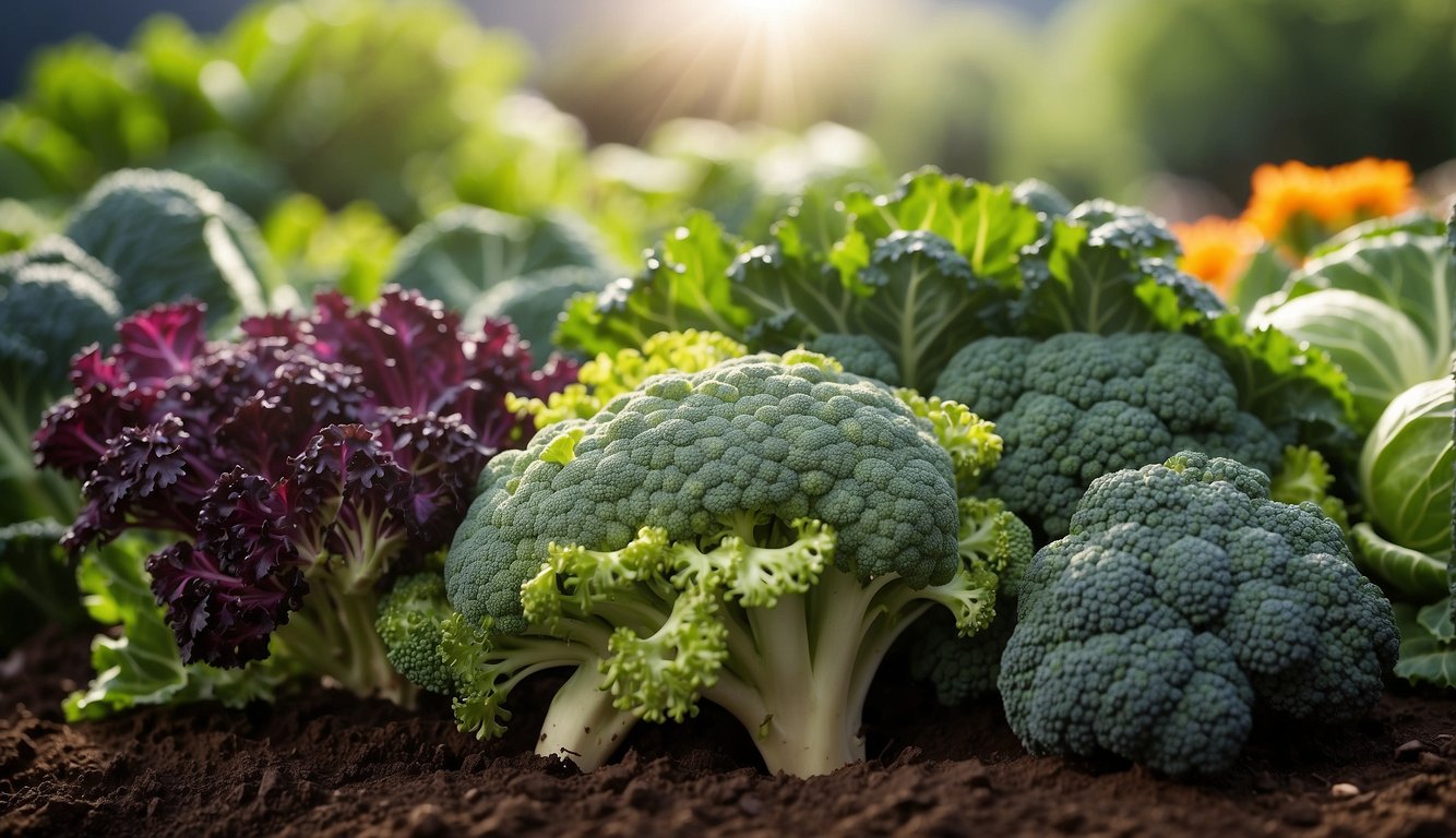 A vibrant garden with various cruciferous vegetables, such as broccoli, cabbage, and kale, growing in abundance under the warm sun