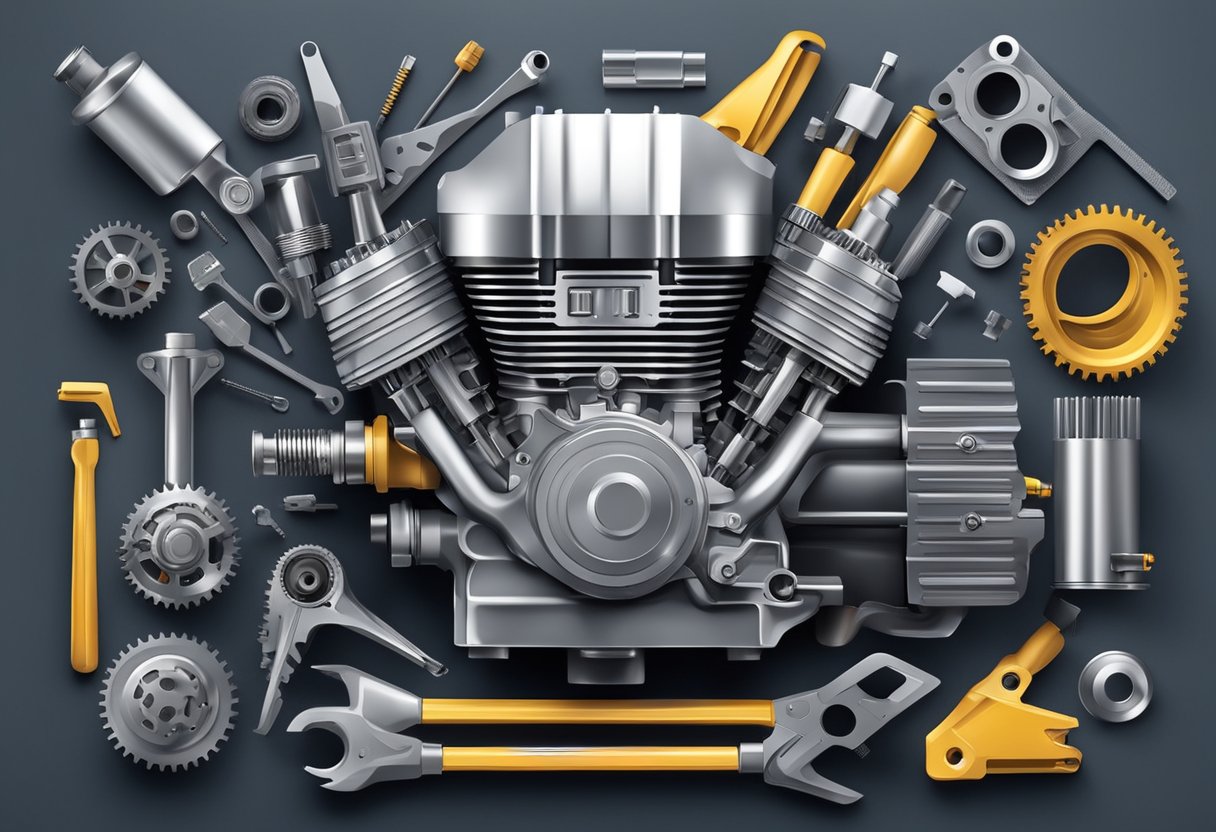 A car engine with professional mechanic tools on one side and DIY tools on the other, surrounded by various engine parts and components