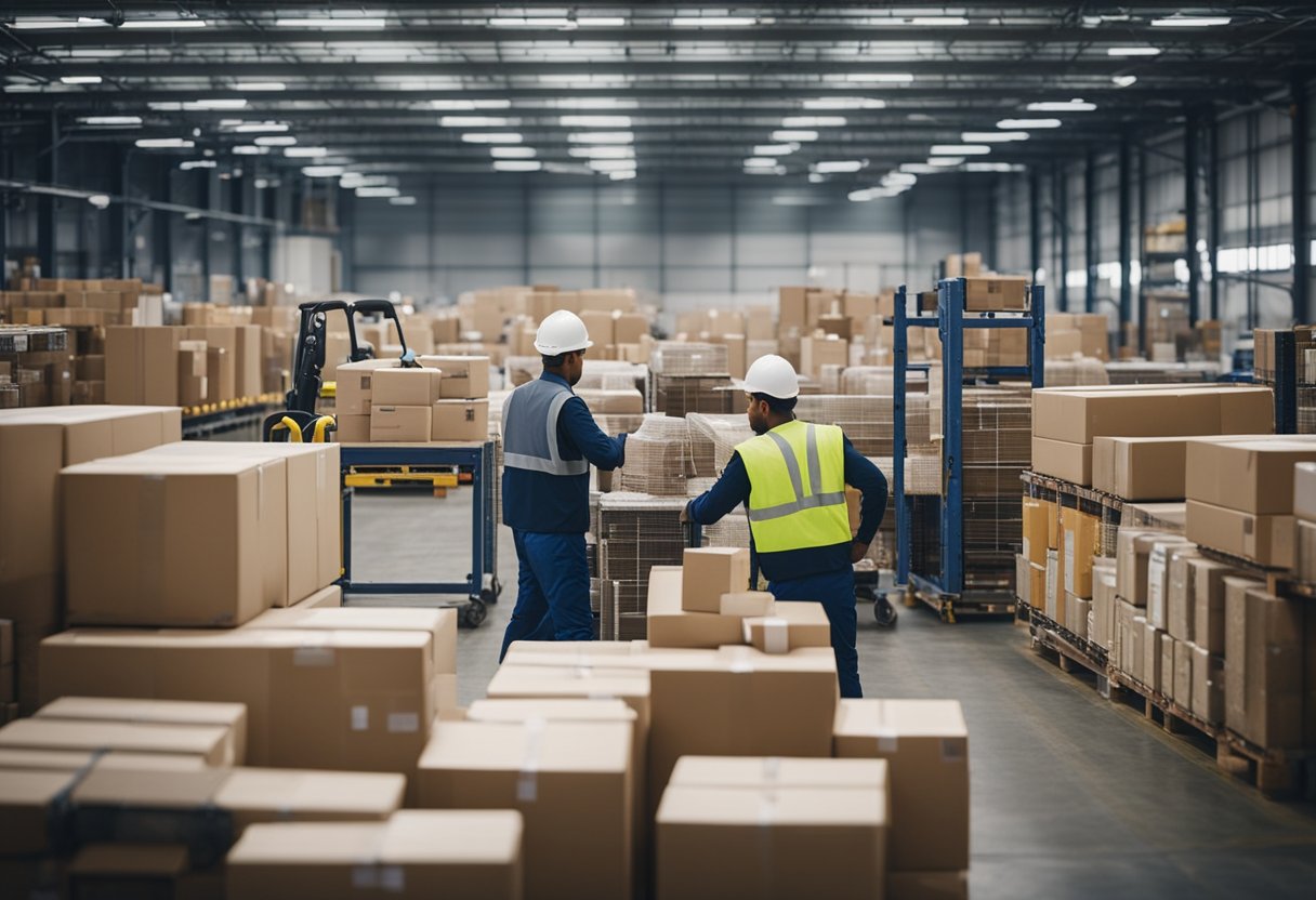 A bustling warehouse with workers organizing shipments, trucks coming and going, and a network of supply chain operations in motion