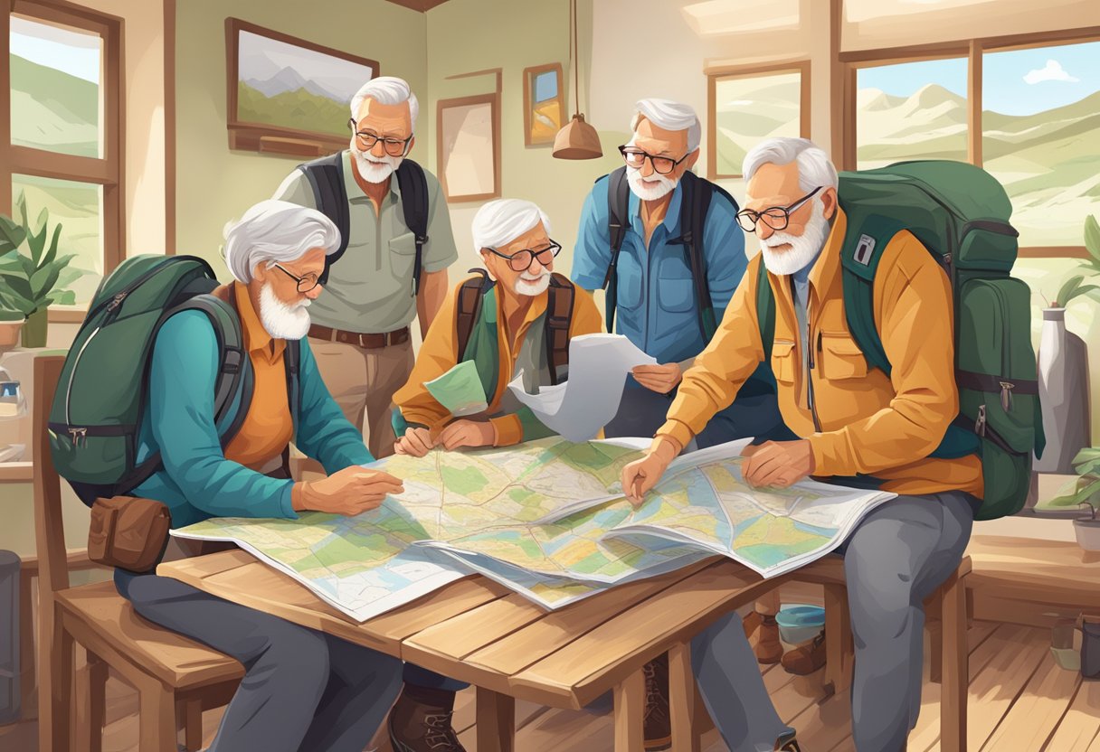 Elderly adventurers planning trips, looking at maps and travel brochures, with hiking boots and backpacks nearby