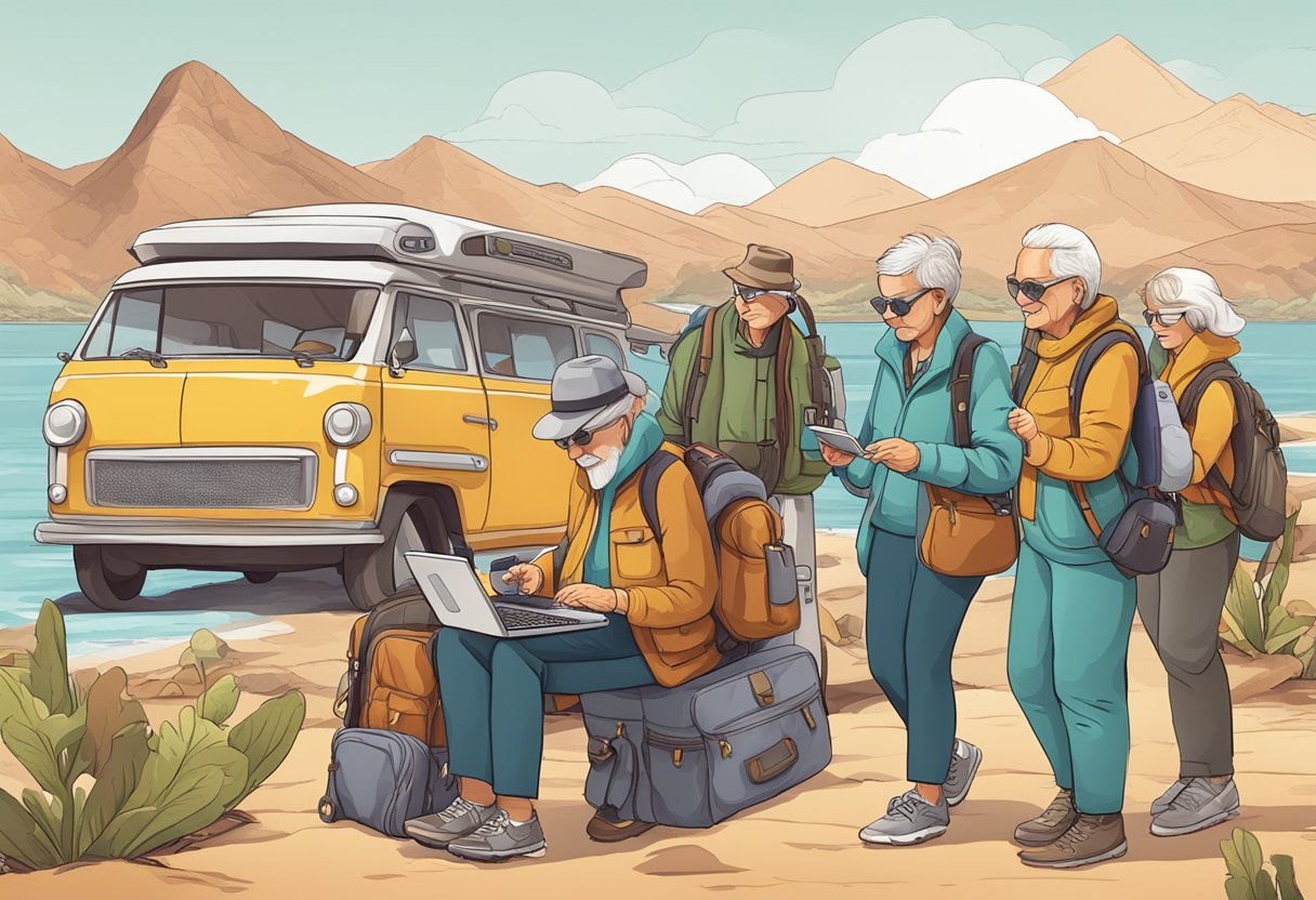 Un groupe de voyageurs aventureux de plus de 70 ans explorant de nouvelles technologies et de nouveaux outils pour leur voyage