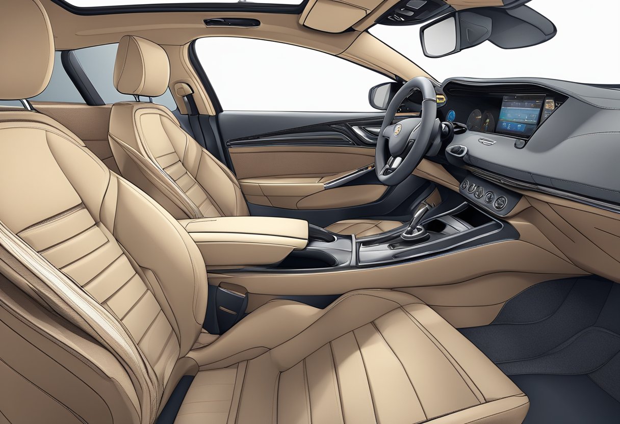 A car's interior, with a focus on the upholstery and trim materials. Show the various materials used and potential wear and tear areas, such as the seats, door panels, and dashboard
