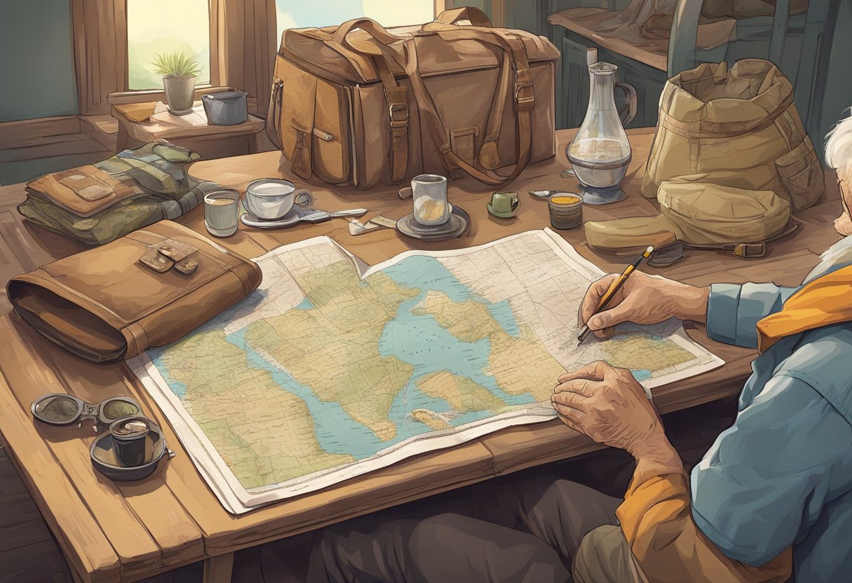 Elderly adventurers prepare and pack for a trip, with lists and maps spread out on a table