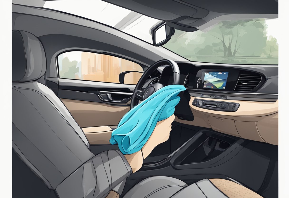A hand with a microfiber cloth wipes down the car's upholstery and trim, protecting it from wear and tear. Vacuum and brush also visible