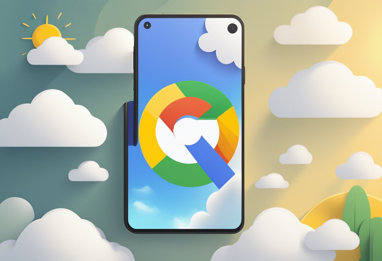 A bright, modern smartphone displaying the Google One logo, surrounded by clouds and a shining sun