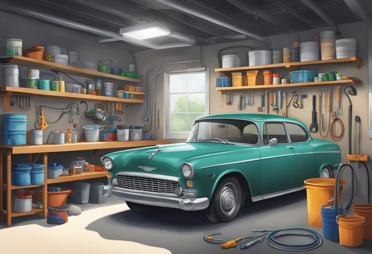 A well-lit garage with a workbench, shelves stocked with detailing supplies, a water hose, and a car parked in the center